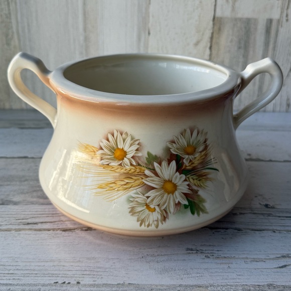 Vintage Ceramic Pot with Handles Daisy & Wheat Pattern Planter Cache Farmhouse - Picture 5 of 11